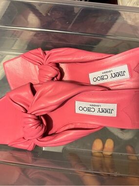 Jimmy Choo Avenue 50 Kitten Heel Slide Sandals in Barbie Candy Pink.